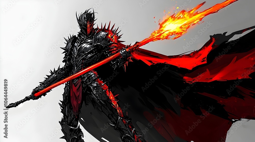 Spiked Shadow Warrior in Blazing Sword Anime-Inspired Fantasy Action Scene Spiked Shadow Warrior in Blazing Sword Anime-Inspired Fantasy Action Scene