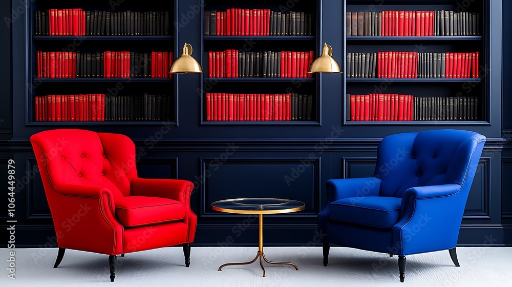Red and Blue Armchairs in a Library Setting Red and Blue Armchairs in a Library Setting