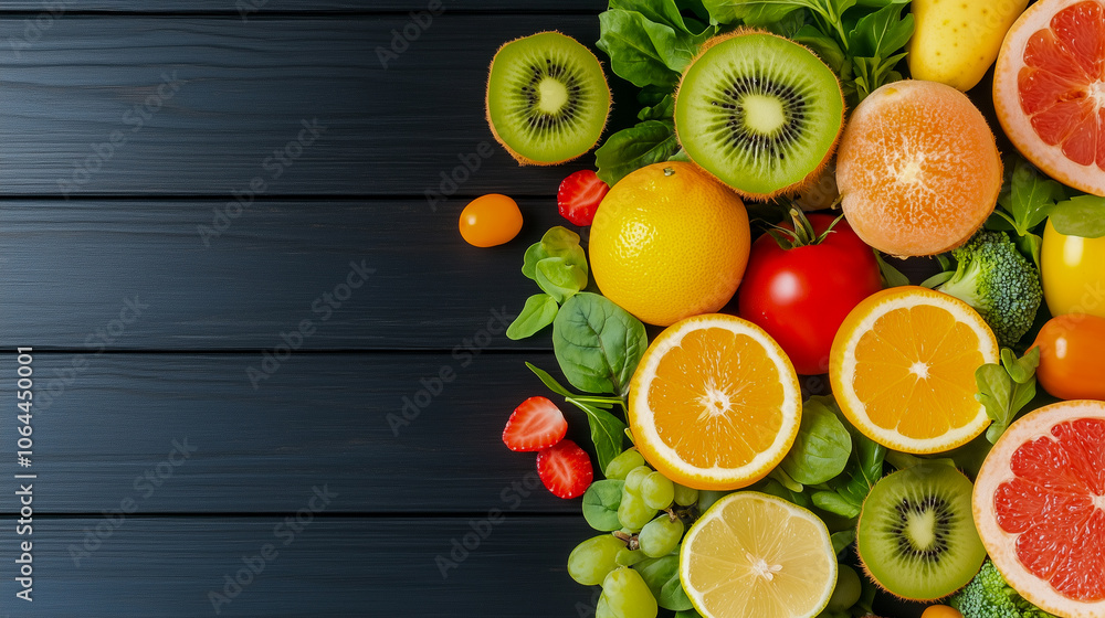 Healthy food. Vegetables and fruits. On a black wooden background. Top view. Copy space Healthy food. Vegetables and fruits. On a black wooden background. Top view. Copy space