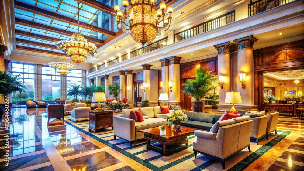 Fototapeta premium Breathtaking tilt-shift images capture a lavish hotel lobby complete with refined decor, chic furnishings, soothing lighting, a friendly atmosphere, and stunning architectural details.