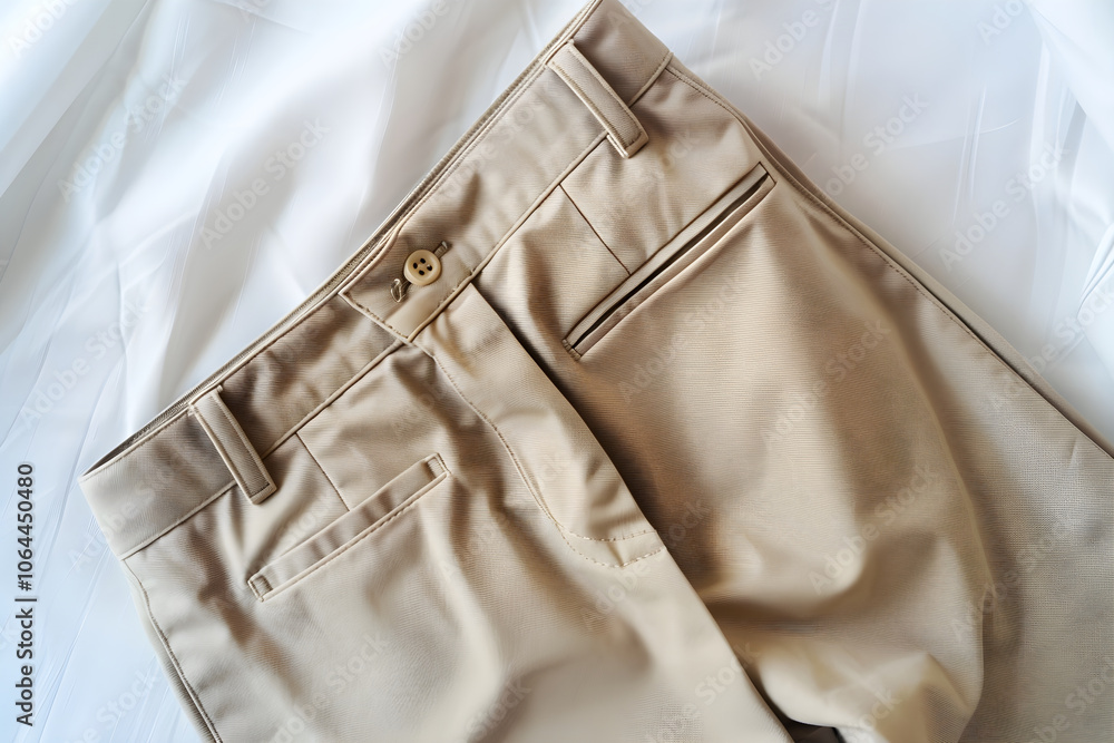 Elegantly Folded Pair of Khaki Pants in Stylish Design and Comfortable Fit Elegantly Folded Pair of Khaki Pants in Stylish Design and Comfortable Fit