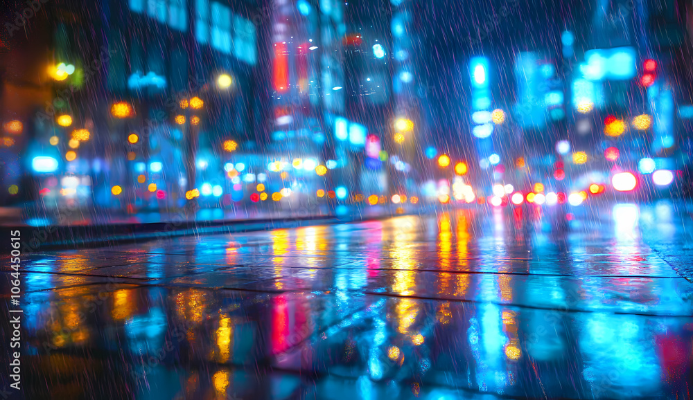 Blurred city lights reflecting on wet pavement at night Blurred city lights reflecting on wet pavement at night