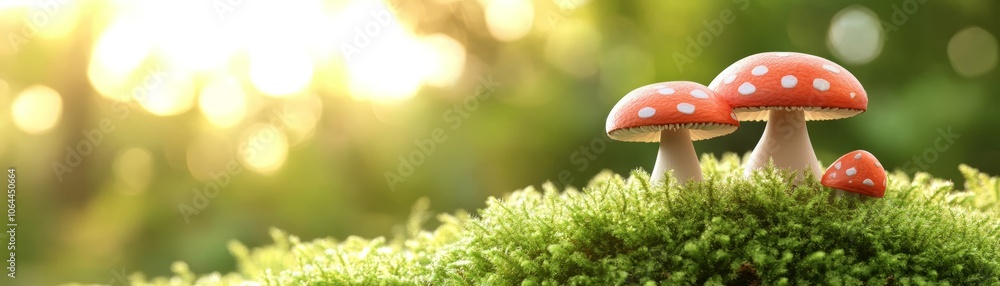 Three mushrooms on mossy bed, a closeup of nature's delicate beauty in the forest Three mushrooms on mossy bed, a closeup of nature's delicate beauty in the forest