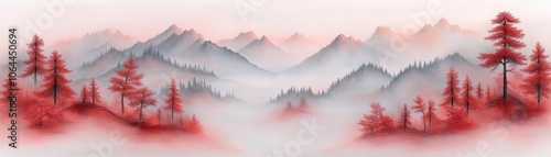 Misty red forest landscape painting, ethereal beauty of fogshrouded trees in tranquil woods photo