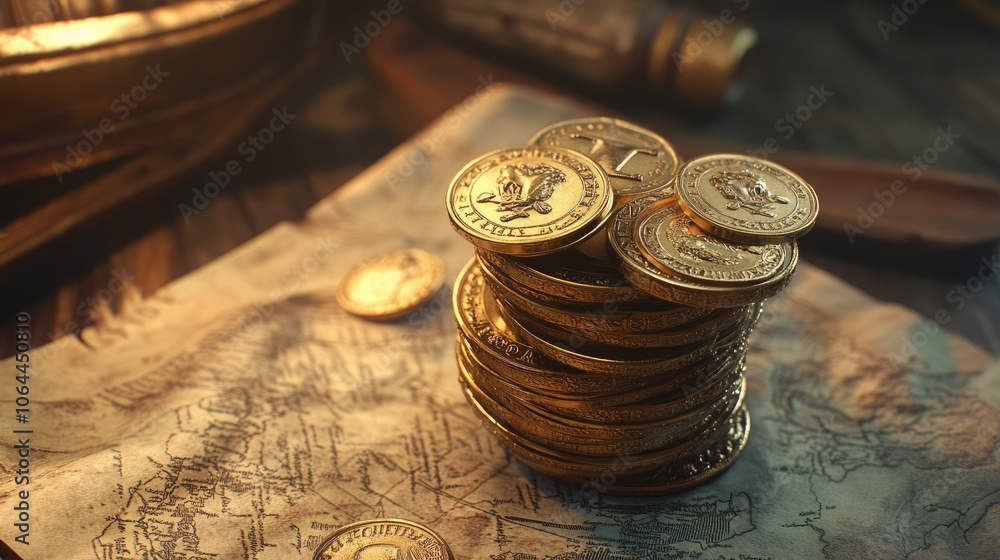 Golden Coins on Ancient Treasure Map Golden Coins on Ancient Treasure Map