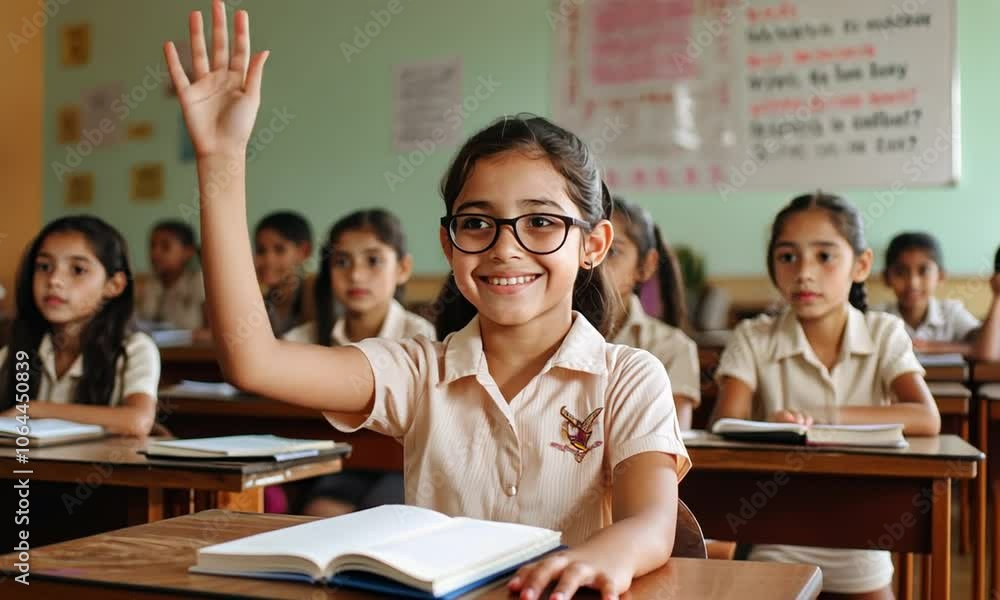 A joyful student raising her hand in a classroom setting. A joyful student raising her hand in a classroom setting.