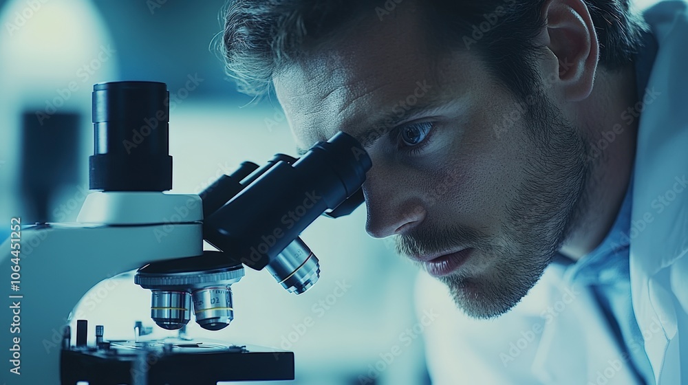 Technician Examining Sample with Microscope in Laboratory Technician Examining Sample with Microscope in Laboratory