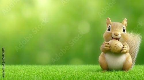 Adorable squirrel indulges in a nutty feast amidst verdant grassy meadow photo