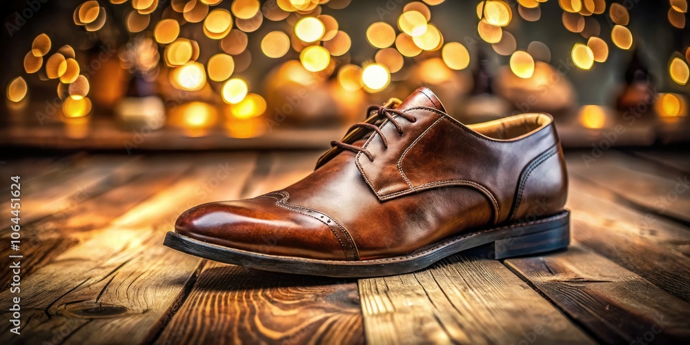 Brown Leather Shoe on Wooden Floor with Bokeh Effect for Stylish Home Decor Photography Brown Leather Shoe on Wooden Floor with Bokeh Effect for Stylish Home Decor Photography