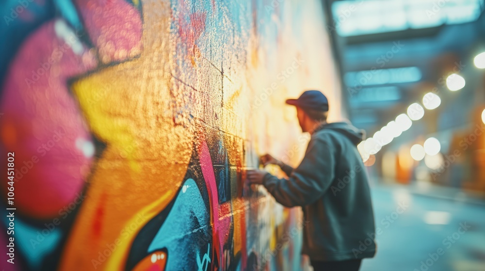Obraz premium Urban Artist Creating Vibrant Graffiti in City Scene