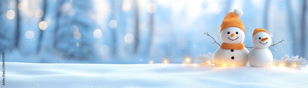 Obraz premium Two snowmen with christmas hats in a winter wonderland, festive holiday scene