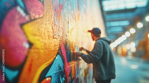 Urban Artist Creating Vibrant Graffiti in City Scene