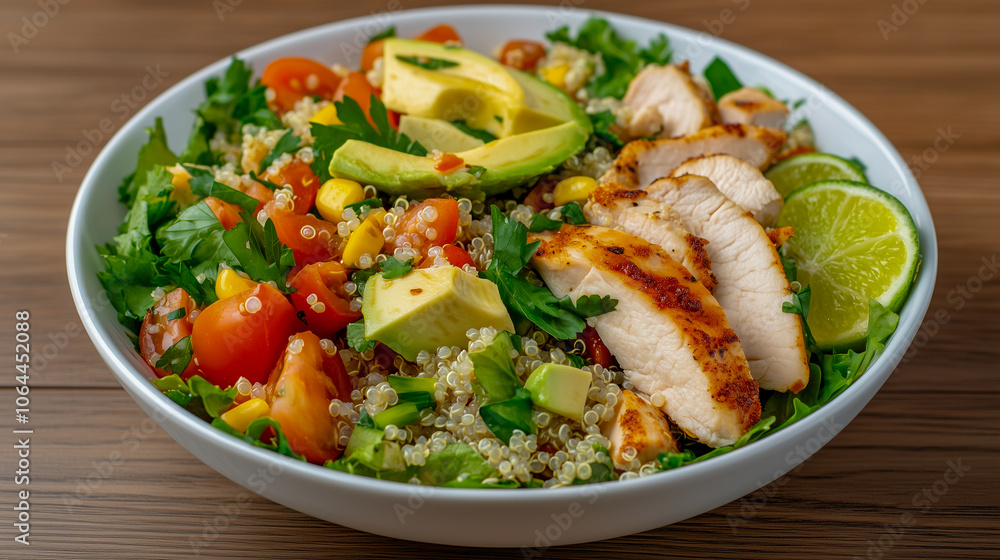 Healthy salad bowl with quinoa, tomatoes, chicken, avocado, lime and mixed greens (lettuce, parsley) on wooden background top view. Food and health Healthy salad bowl with quinoa, tomatoes, chicken, avocado, lime and mixed greens (lettuce, parsley) on wooden background top view. Food and health