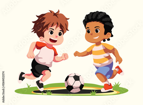 Two boys are playing soccer and are fighting over the ball