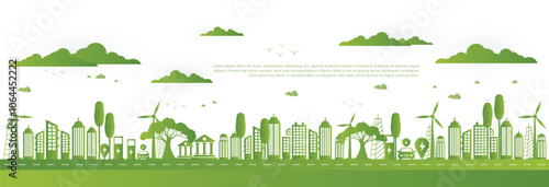 Sustainability vector illustration, green energy concept, eco friendly building, sustainable industry, electric cars, wind turbine and solar power, green background