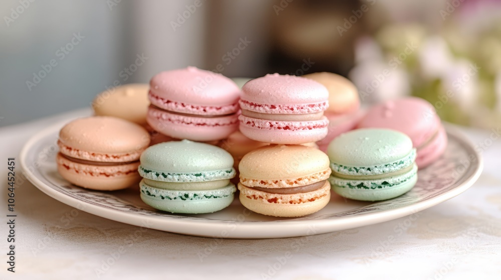 Fototapeta premium Colorful Pastel Macarons on Elegant Plate