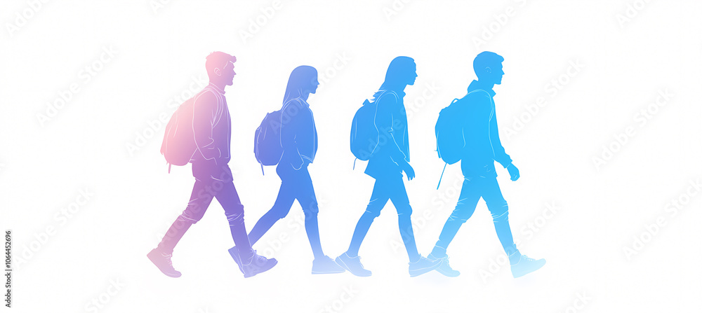 Four Friends Walking Together with Joyful Blue Light Illumination Four Friends Walking Together with Joyful Blue Light Illumination