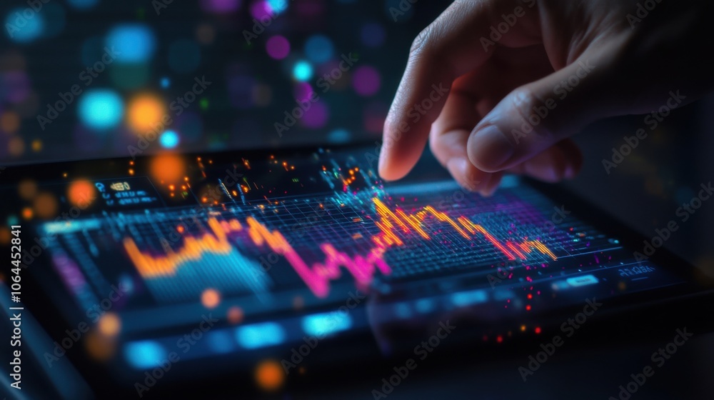 Image of a hand holding a tablet, mobile phone with graphics about a graph that represents business, finance, the increase or decrease of goods or services. Image of a hand holding a tablet, mobile phone with graphics about a graph that represents business, finance, the increase or decrease of goods or services.