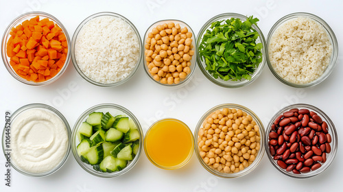 Healthy vegan food in glass containers, top view. Rice, beans, vegetables, hummus and juice