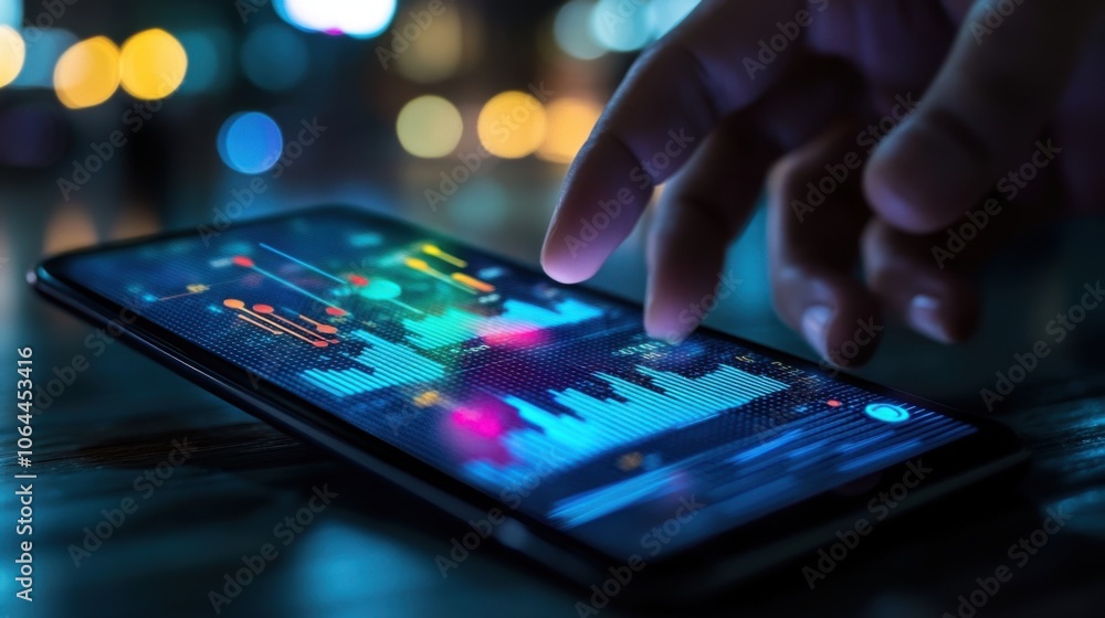 Image of a hand holding a tablet, mobile phone with graphics about a graph that represents business, finance, the increase or decrease of goods or services. Image of a hand holding a tablet, mobile phone with graphics about a graph that represents business, finance, the increase or decrease of goods or services.
