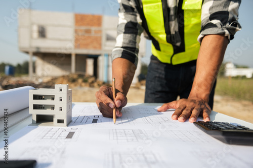 Engineer in helmet for workers security on office buildings and management on the construction drawing plan near laptop working in Engineering tools on desk.