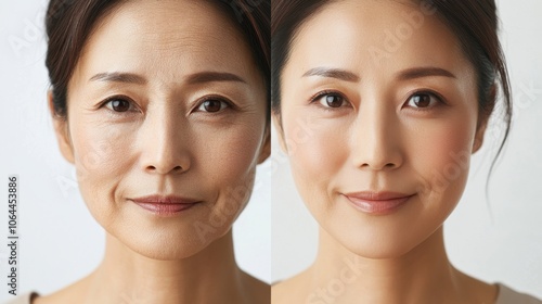 Photos of Asian, Korean, and Japanese women's faces showing their problematic and clean faces without blemishes, before and after photos for advertisements for skin care products and cosmetics.
