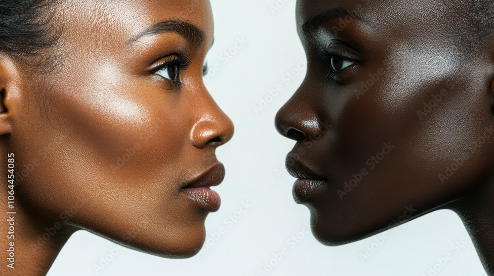 Images of black women's faces showing flawless and blemish-free faces, including before and after photos of skincare and cosmetic products being advertised. Images of black women's faces showing flawless and blemish-free faces, including before and after photos of skincare and cosmetic products being advertised.