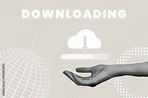 Trendy halftone collage. Concept of uploading data from cloud storage, documents, cloud storage, uploading data, concept of processing data while uploading. Illustration for web banner, social media