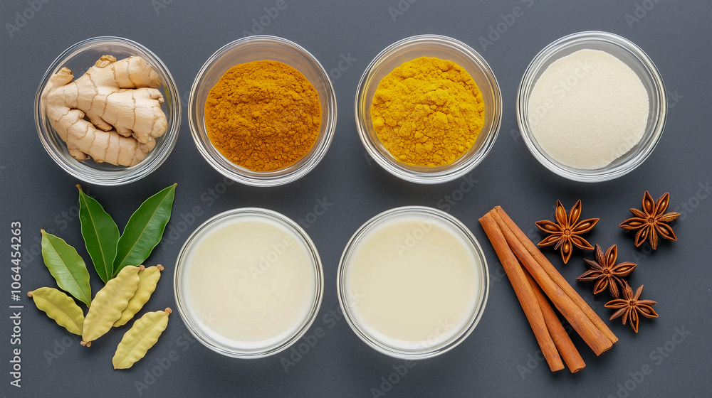 Herbal therapy concept. Golden latte with ingredients for cooking: ginger and turmeric powder, turmeric paste, cardamom, cinnamon sticks, star anise Herbal therapy concept. Golden latte with ingredients for cooking: ginger and turmeric powder, turmeric paste, cardamom, cinnamon sticks, star anise