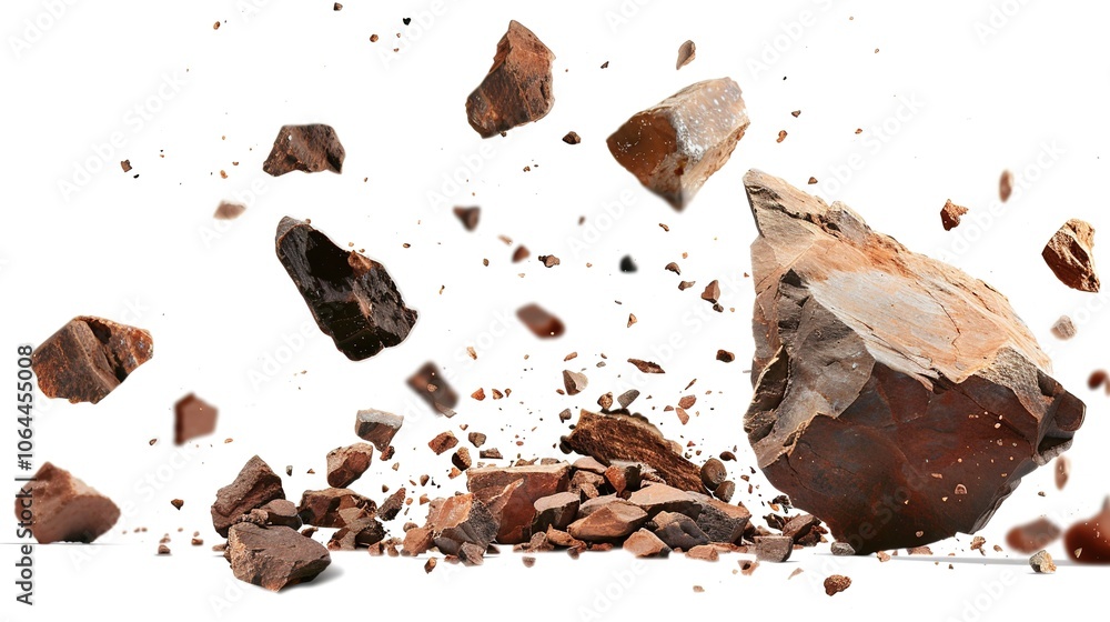 Isolated falling rocks on a white background create a dramatic and ...