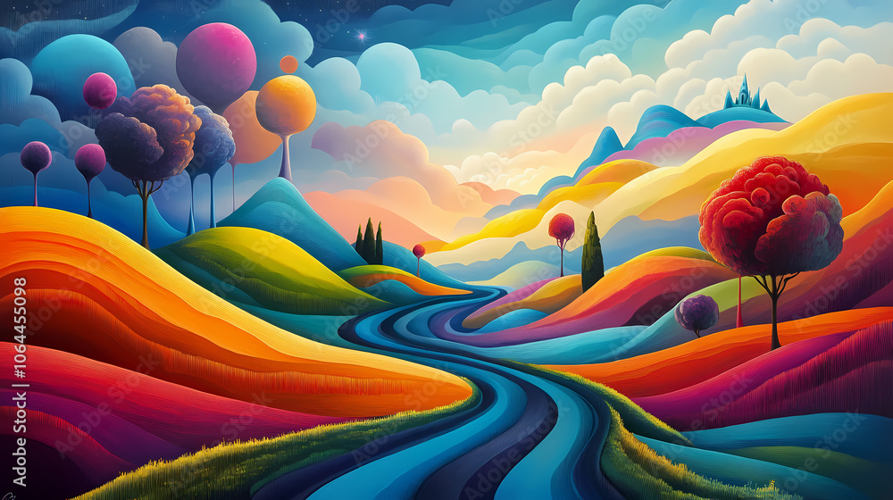 Fototapeta premium Explore an otherworldly dreamscape where abstract forms meld with the vibrant hues of the rainbow. Dreamscape. Illustration