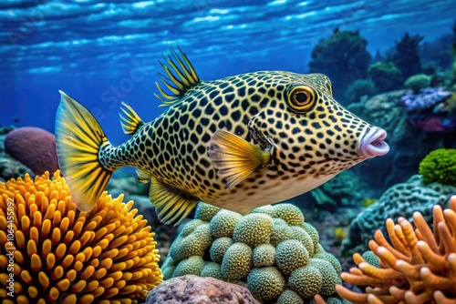 Captivating macro photography of a honeycomb cowfish near a brilliant coral reef in Bonaire, showcasing the enchanting underwater world and detailed marine life for nature lovers.