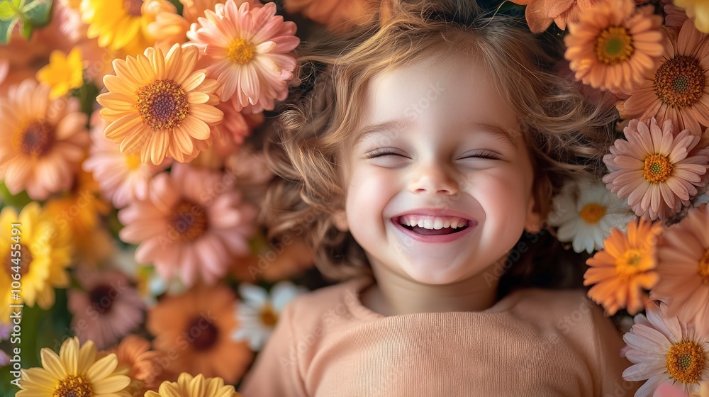 Joyful Child Surrounded by Colorful Flowers Joyful Child Surrounded by Colorful Flowers