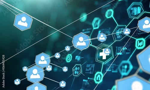 Abstract digital representation of healthcare technology and data.
