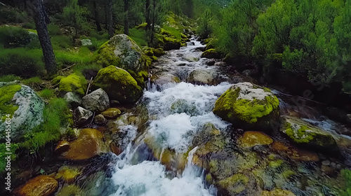 A crystal-clear stream flows through a lush forest, cascading over smooth, moss-covered rocks.
