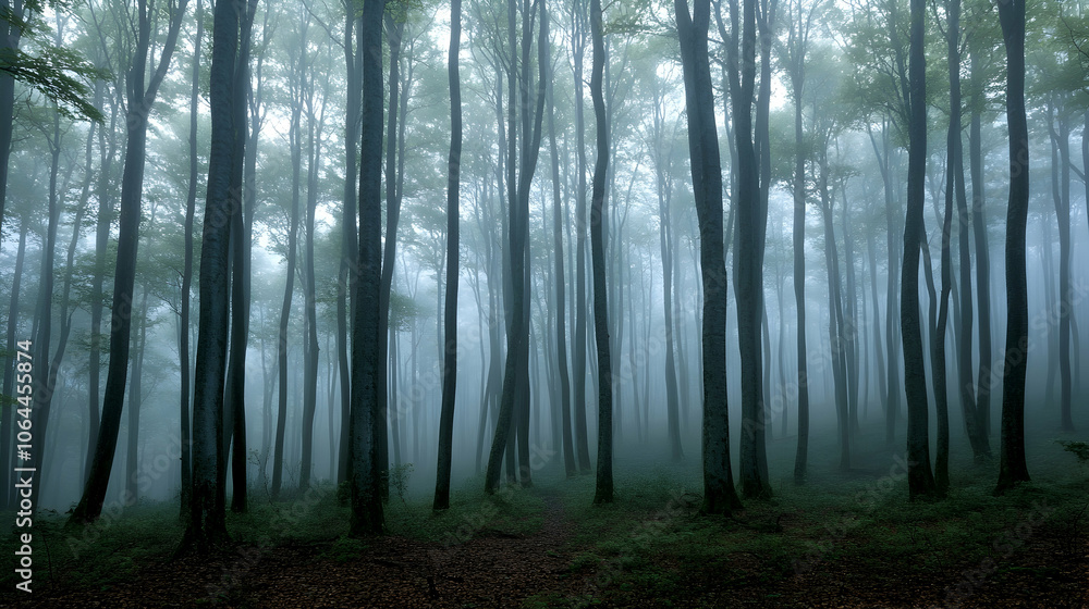 A misty forest path winds through tall trees with a sense of mystery and solitude. A misty forest path winds through tall trees with a sense of mystery and solitude.