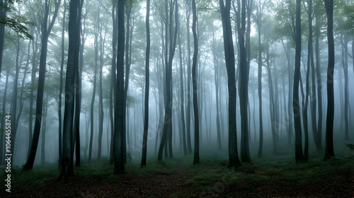 A misty forest path winds through tall trees with a sense of mystery and solitude.