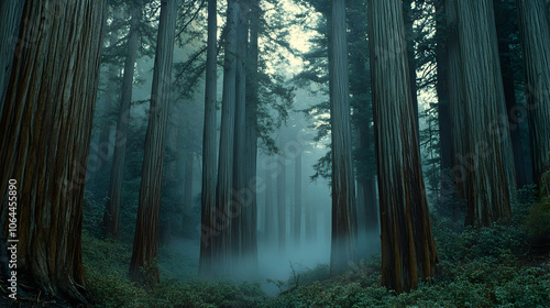 A misty forest with tall trees.