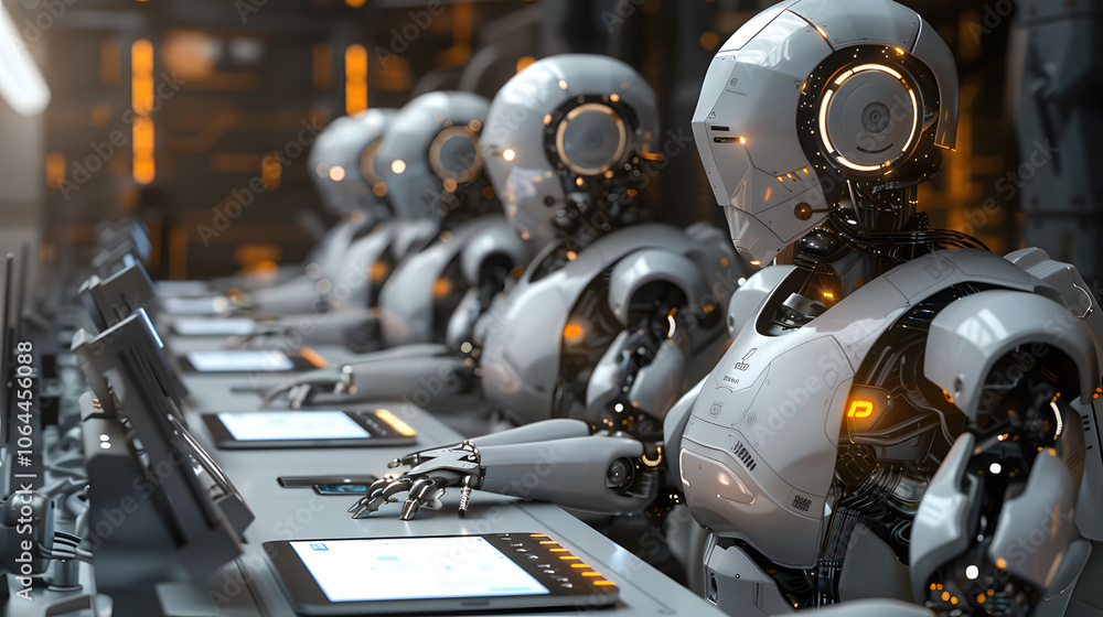 Fototapeta premium AI Robots Working at Office Desk. Impact of Artificial Intelligence on Employment