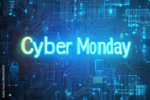 Neon Cyber Monday sign on digital circuit board. photo