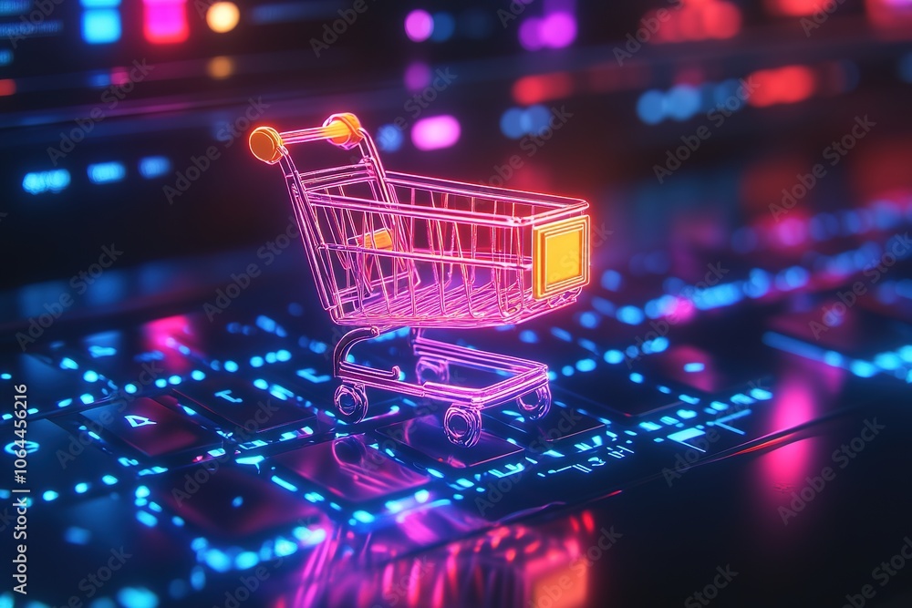 Neon shopping cart icon on digital keyboard for online sales. Neon shopping cart icon on digital keyboard for online sales.