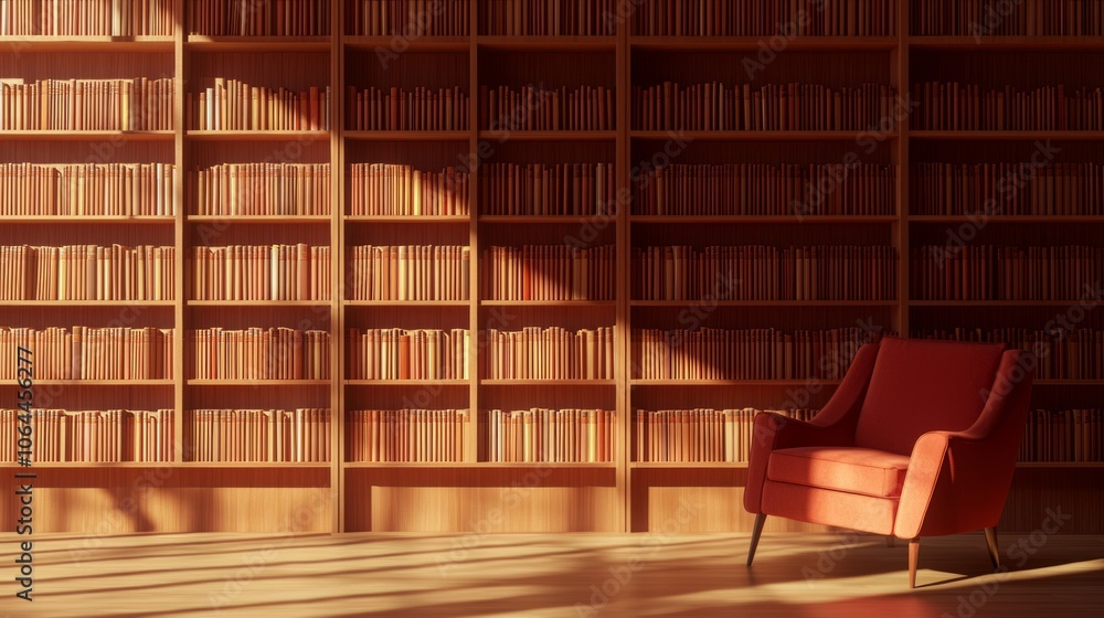 Cozy Reading Nook in Minimalist Home Library with Warm Wood Tones and Soft Lighting Cozy Reading Nook in Minimalist Home Library with Warm Wood Tones and Soft Lighting