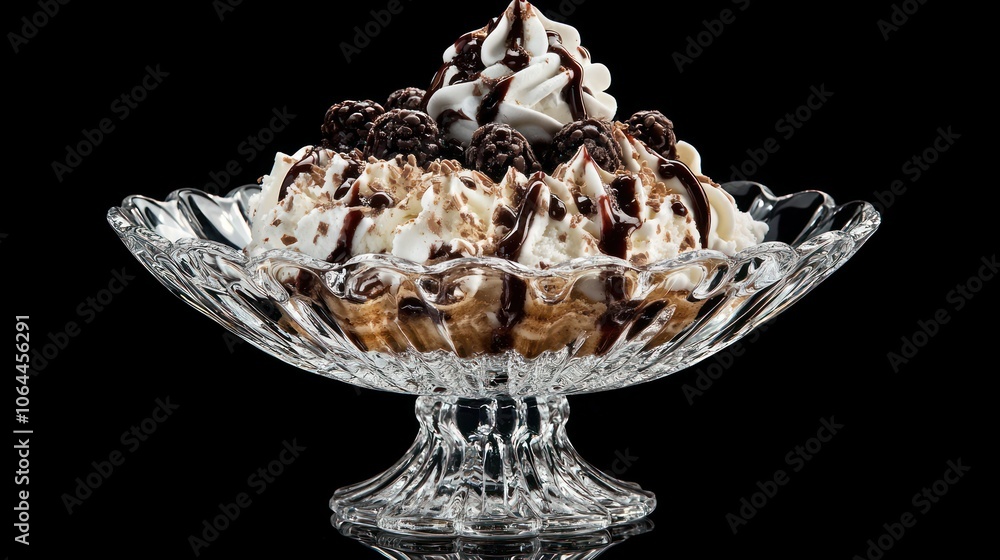 A luxurious ice cream sundae with rich toppings and whipped cream in a crystal dish A luxurious ice cream sundae with rich toppings and whipped cream in a crystal dish