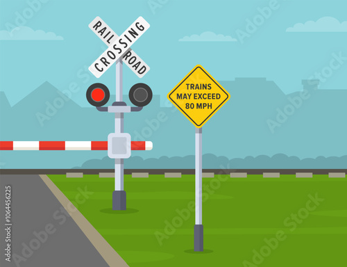 American closed railroad barrier at a rural railway crossing. Be alert, trains may be exceed 80 mph. Flat vector illustration template.