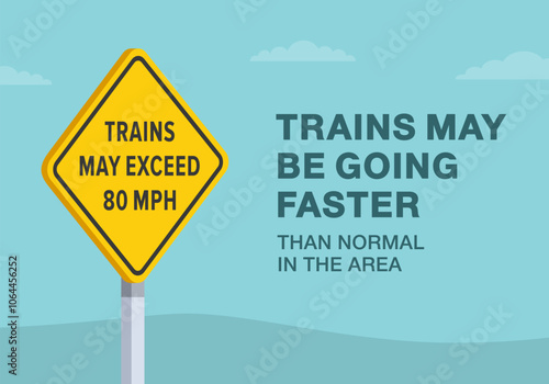 Safe driving tips and traffic regulation rules. Close-up of United States "trains may exceed 80 mph" sign meaning. Trains may be going faster than normal. Flat vector illustration template.