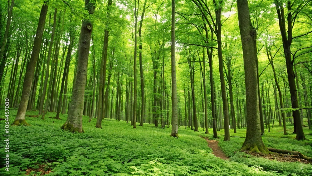A lush green forest with towering trees and a carpet of vibrant foliage underfoot, wilderness, vegetation A lush green forest with towering trees and a carpet of vibrant foliage underfoot, wilderness, vegetation