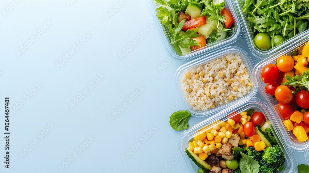Homemade vegan food in lunch boxes with healthy vegetable fresh from above. Vegan food concept. Healthy food. Flat lay. Top view Homemade vegan food in lunch boxes with healthy vegetable fresh from above. Vegan food concept. Healthy food. Flat lay. Top view