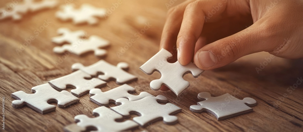 Close-up of hands doing a puzzle on a wooden table, warm lighting Close-up of hands doing a puzzle on a wooden table, warm lighting