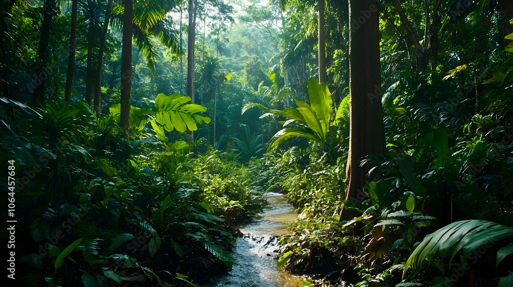 Lush green tropical rainforest with a stream flowing through it. Lush green tropical rainforest with a stream flowing through it.