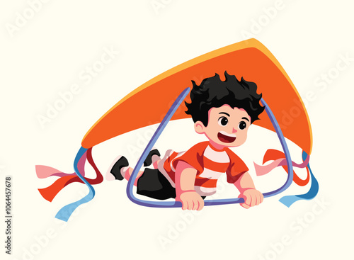 Excited kid hang gliding with colorful kite wings
